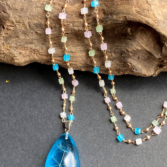 Austrian Crystal Dandelion Resin Blue Minimalist Necklace - Picture 6 of 9